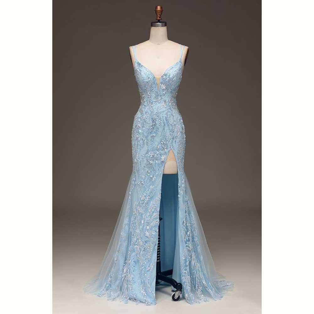 Elegant Satin Evening Gown Split - Elegante luz azul cetim feminino vestidos