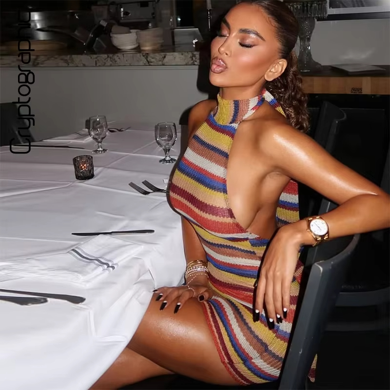 Y2K Backless Halter Mini Dress - Vestido Mini de Malha Listrado com