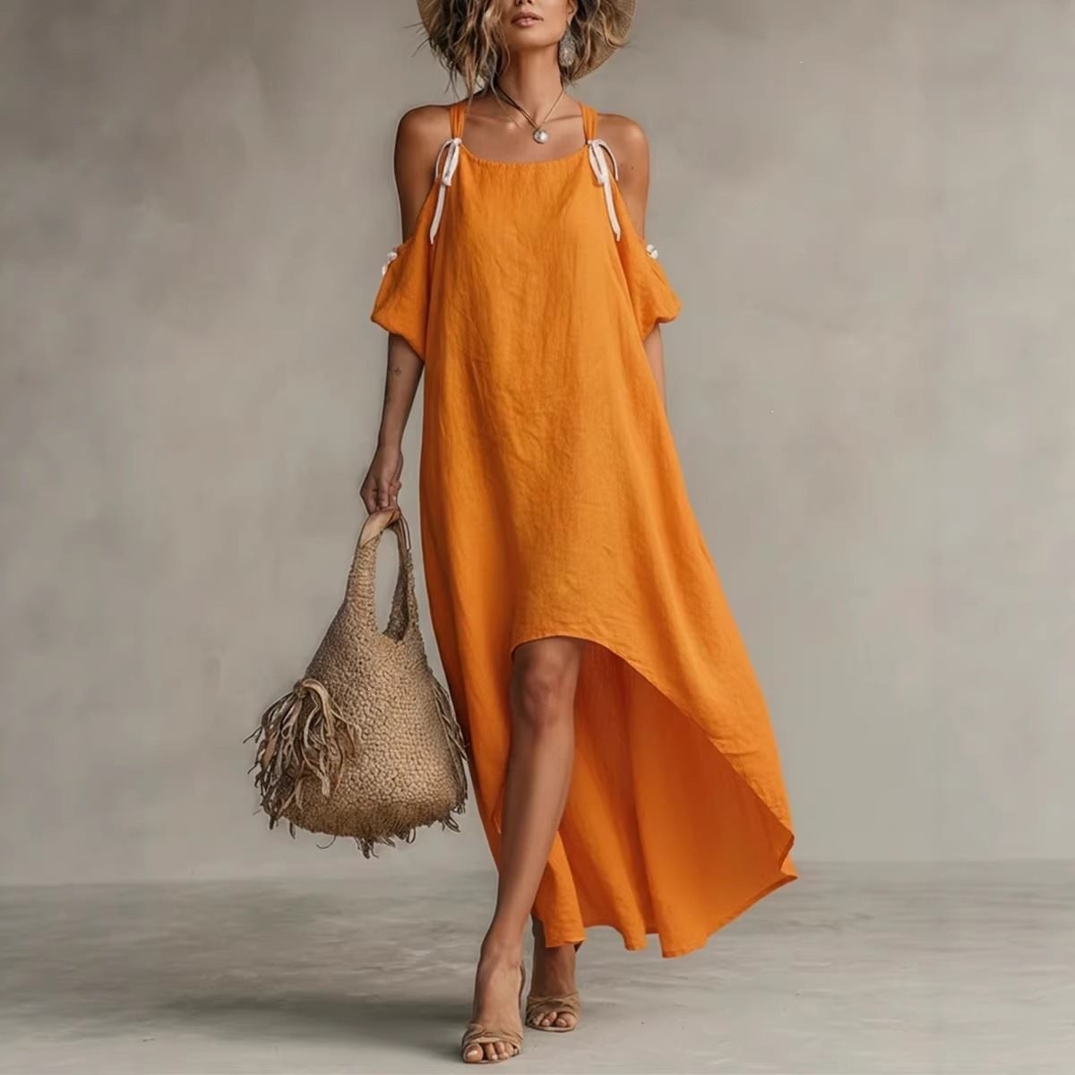 Off Shoulder Puff Sleeve Sundress - Vestido de Verão Feminino com Mangas