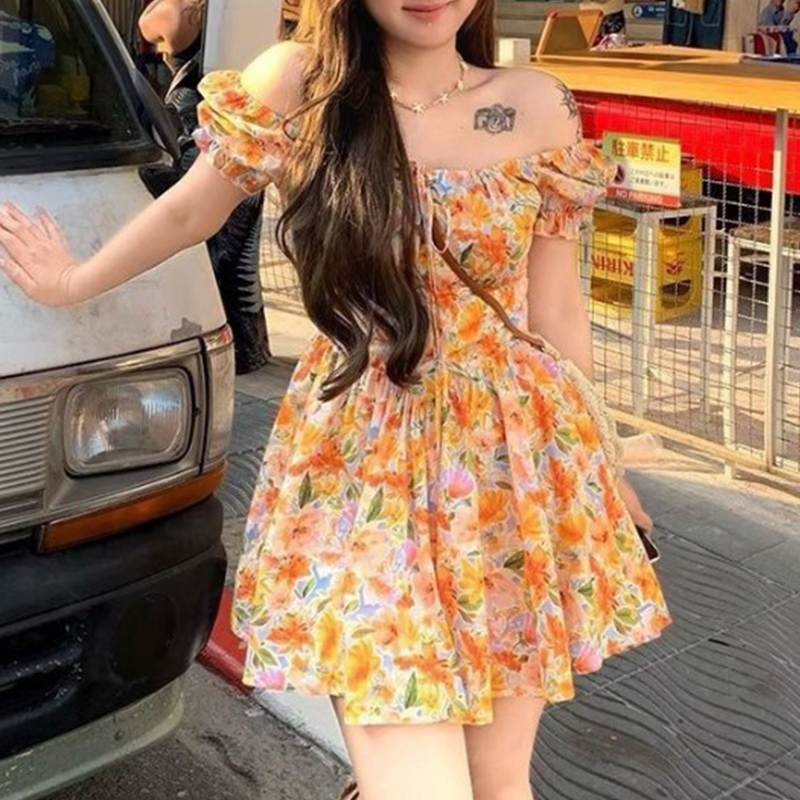 Off Shoulder Puff Sleeve Sundress - Vestido Mini Laranja com Estampa Floral