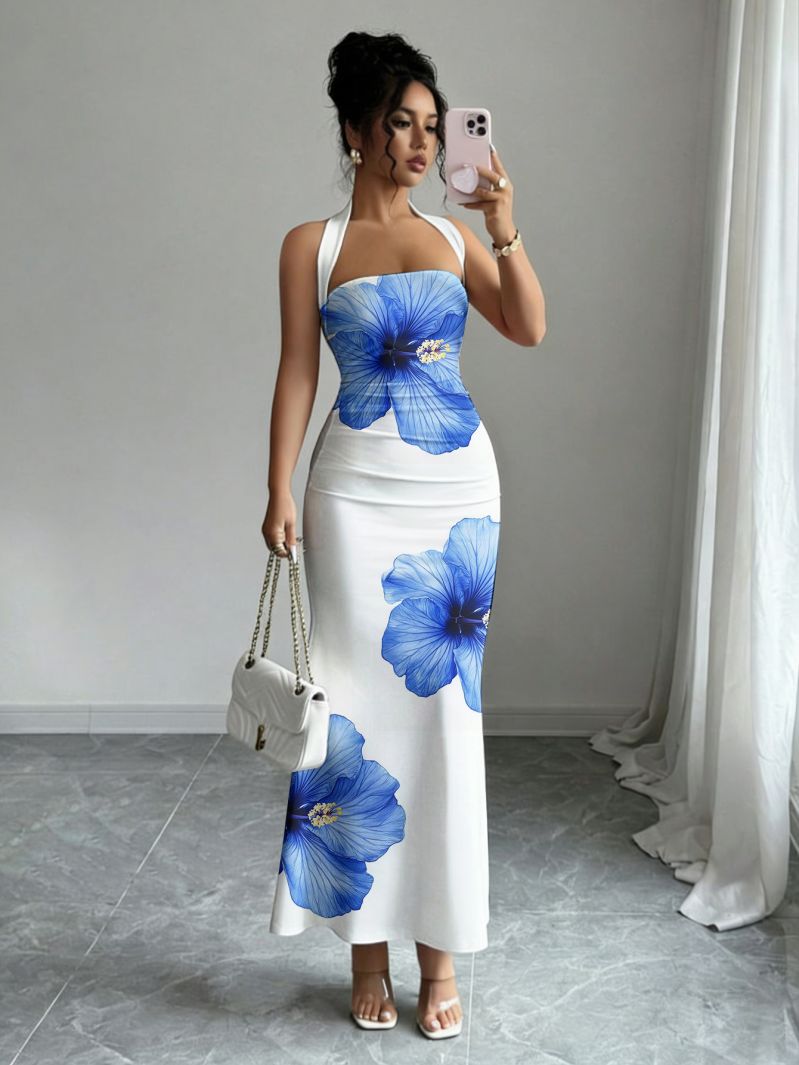 French Vintage Floral Midi Dress - Vestido Longo Sem Alças com Cintura