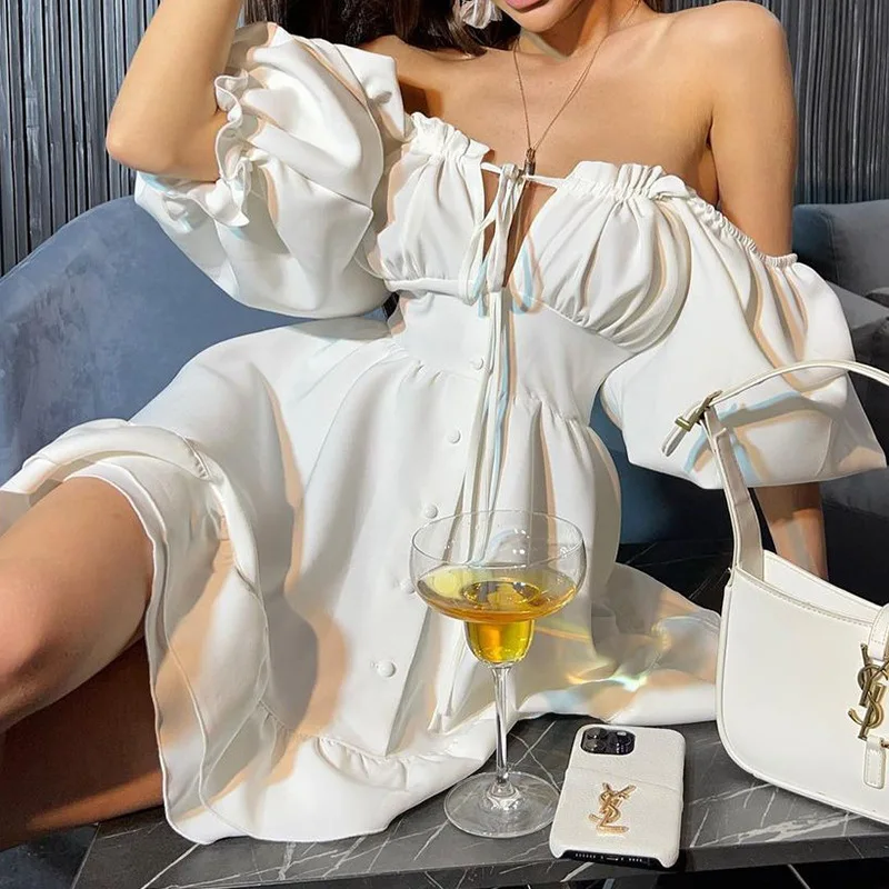 Off Shoulder Puff Sleeve Sundress - Vestidos Mini Femininos de Ombro Descoberto