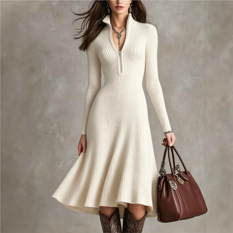 Bodycon Long Sleeve Ribbed Dress - Vestido Midi de Malha Canelada Feminino,