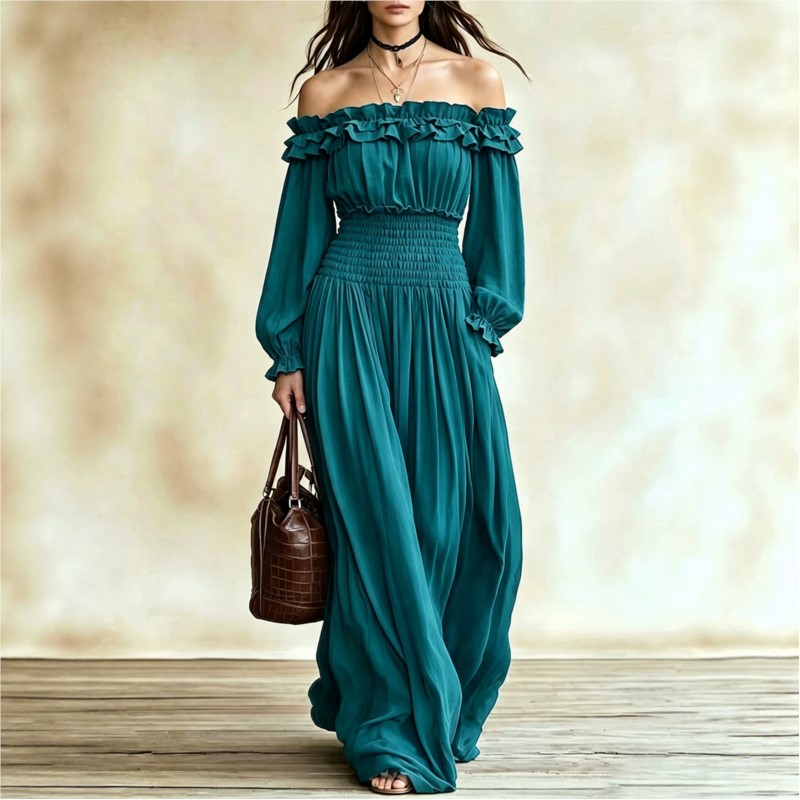 Off Shoulder Puff Sleeve Sundress - Vestidos Maxi de Moda com Ombros
