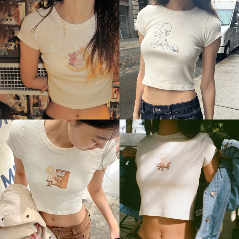 Y2K Graphic Baby Tee Crop - Anjo Bebê Gráfico Magro T-shirts Mulheres