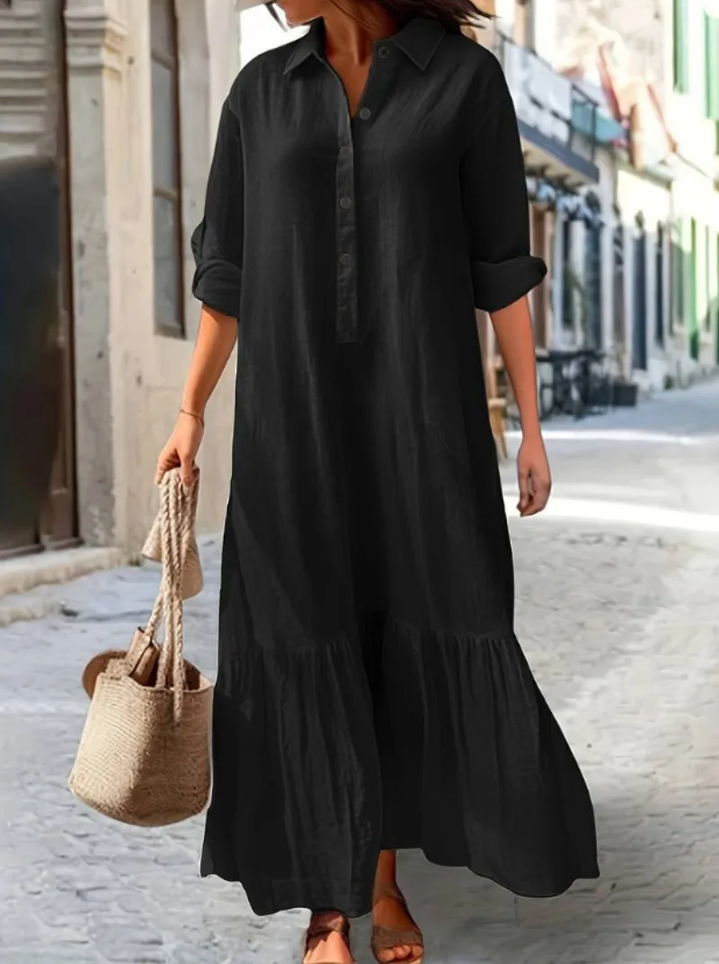 Casual Loose Linen Shirt Dress - Vestido Casual Feminino de Manga Longa