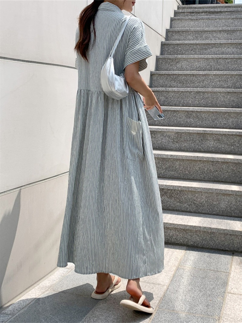 Vestido Camisa Listrado Estilo - Casual Loose Linen Shirt Dress avaliação e preço