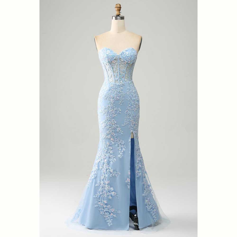 Elegante luz azul cetim femini - Elegant Satin Evening Gown Split avaliação e preço