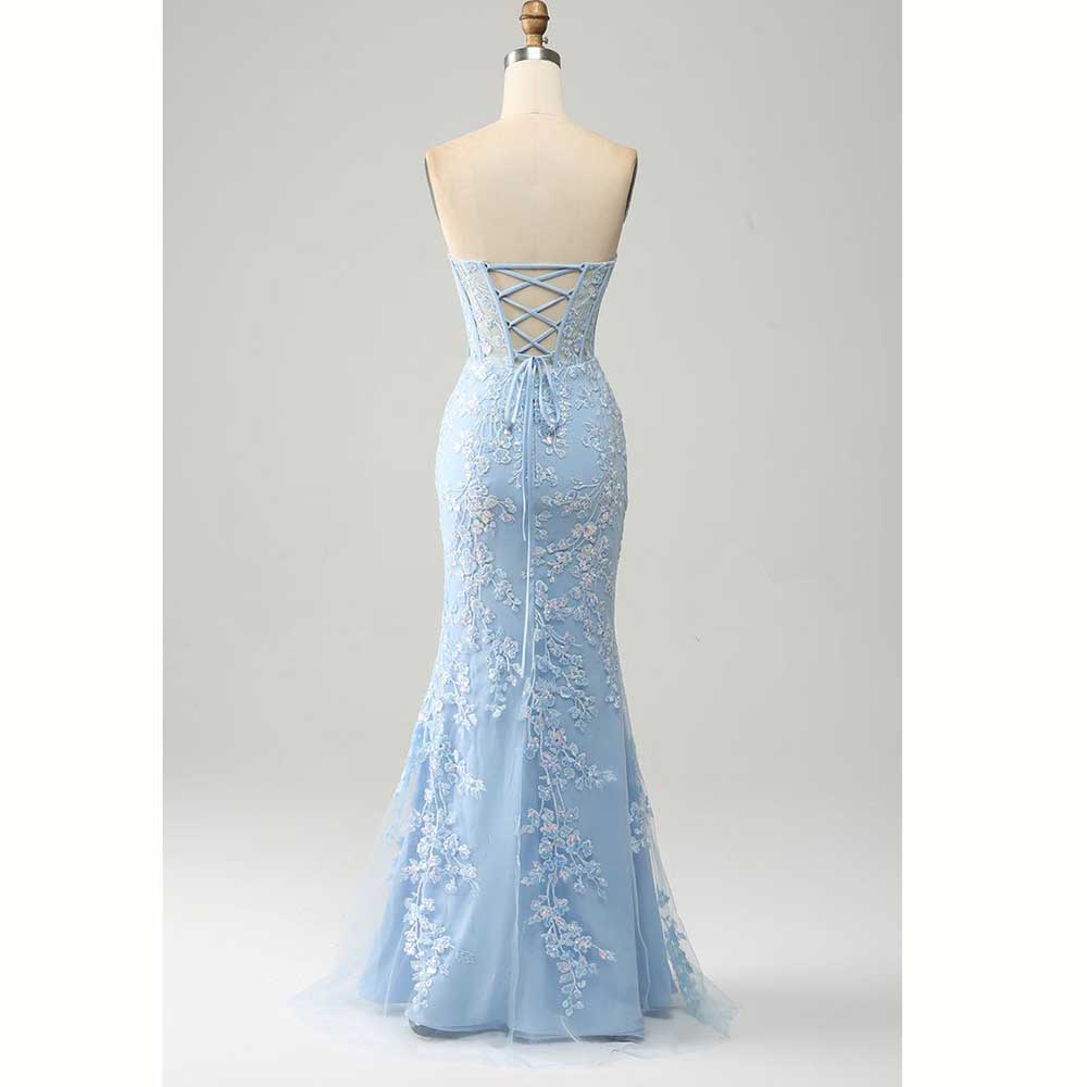 Elegante luz azul cetim femini - Elegant Satin Evening Gown Split avaliação e preço