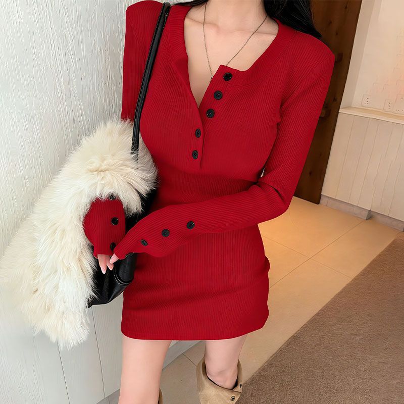 Vestidos Justos de Malha para  - Bodycon Long Sleeve Ribbed Dress avaliação e preço