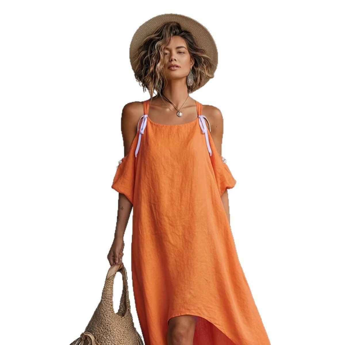 Vestido de Verão Feminino com  - Off Shoulder Puff Sleeve Sundress avaliação e preço