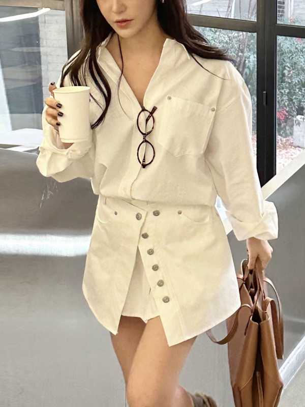 Vestido Camisa Branco Feminino - Korean Style A Line Shirt Dress avaliação e preço