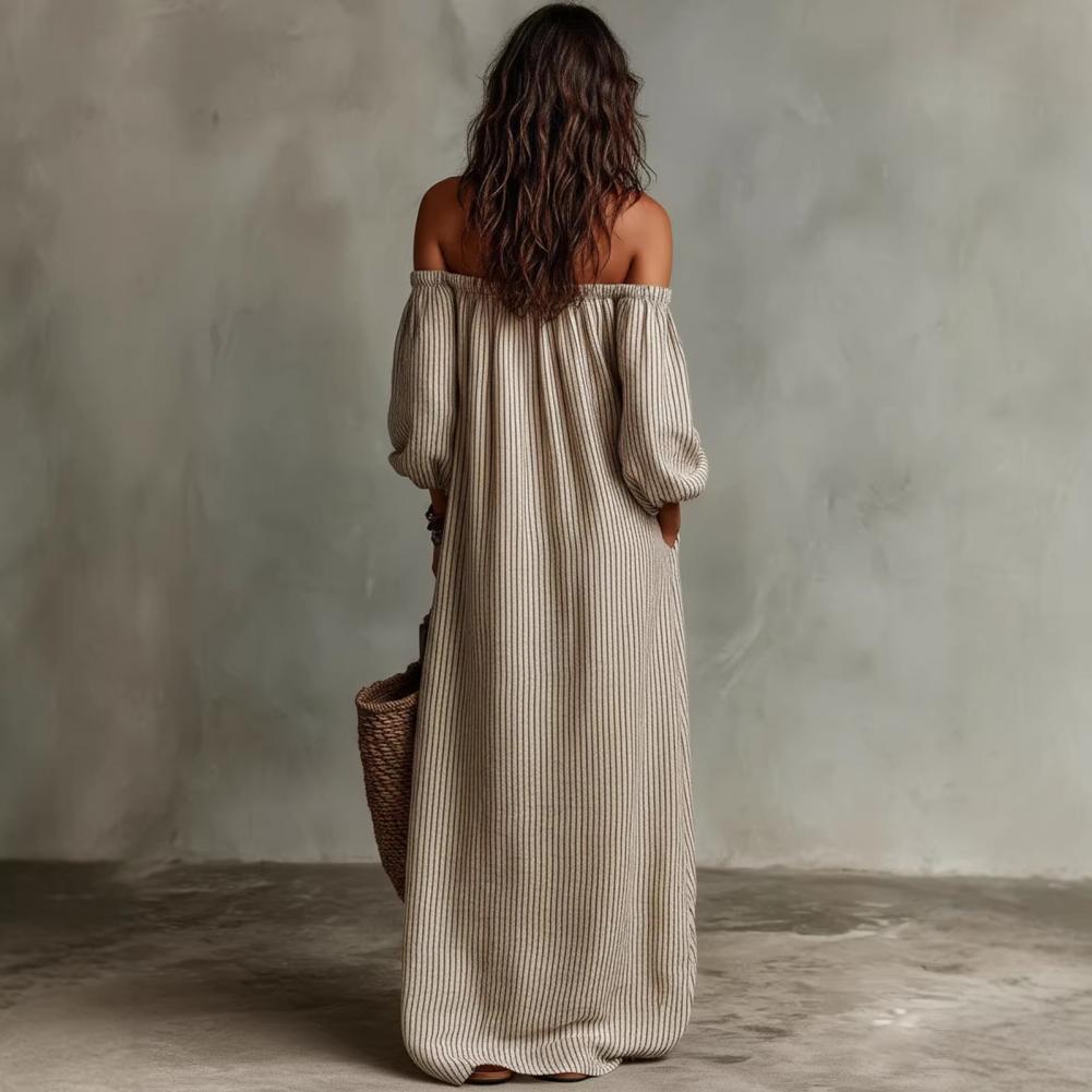 Vestido Maxi Listrado de Verão - Off Shoulder Puff Sleeve Sundress avaliação e preço