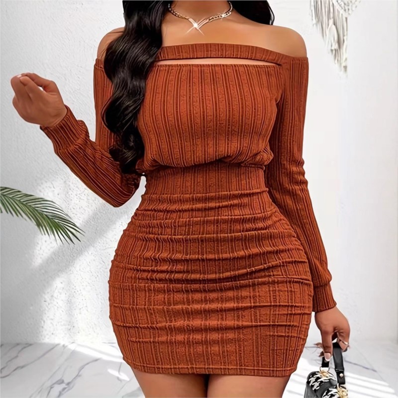 Vestido feminino elegante de p - Bodycon Long Sleeve Ribbed Dress avaliação e preço