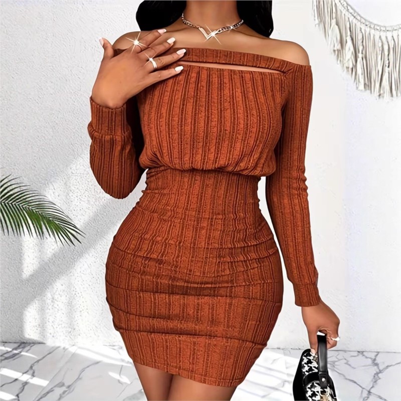 Vestido feminino elegante de p - Bodycon Long Sleeve Ribbed Dress avaliação e preço
