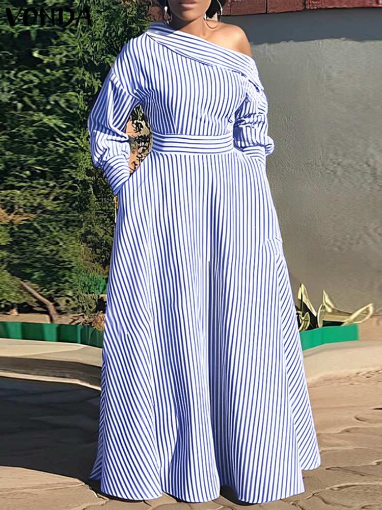 Vonda-elegante vestido maxi li - Off Shoulder Puff Sleeve Sundress avaliação e preço