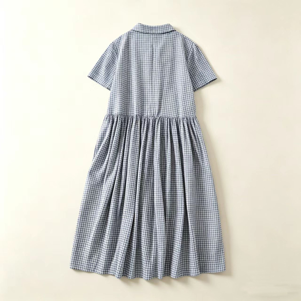 Vestido Midi Xadrez Azul com G - Casual Loose Linen Shirt Dress avaliação e preço
