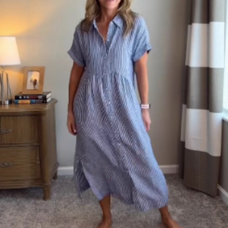 Vestido Camisa Listrado Femini - Casual Loose Linen Shirt Dress avaliação e preço