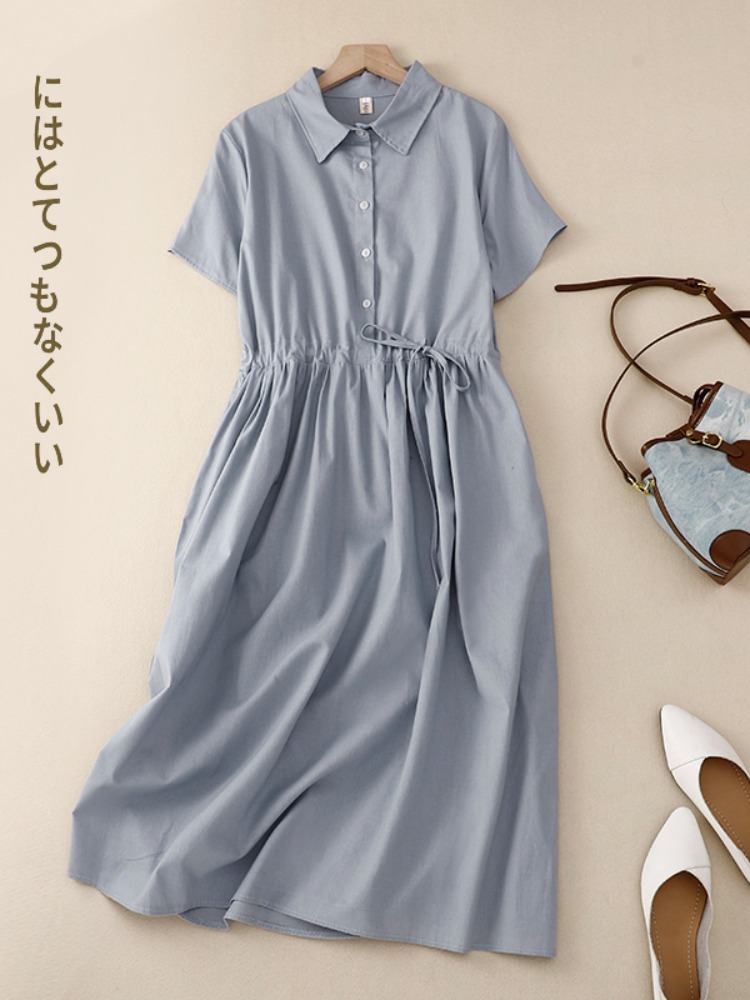 Vestido Feminino de Algodão Li - Korean Style A Line Shirt Dress avaliação e preço