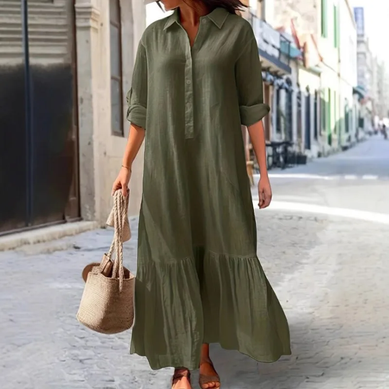 Vestido Casual Feminino de Man - Casual Loose Linen Shirt Dress avaliação e preço
