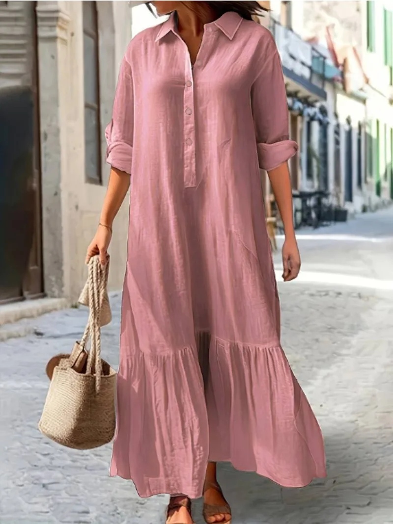 Vestido Casual Feminino de Man - Casual Loose Linen Shirt Dress avaliação e preço