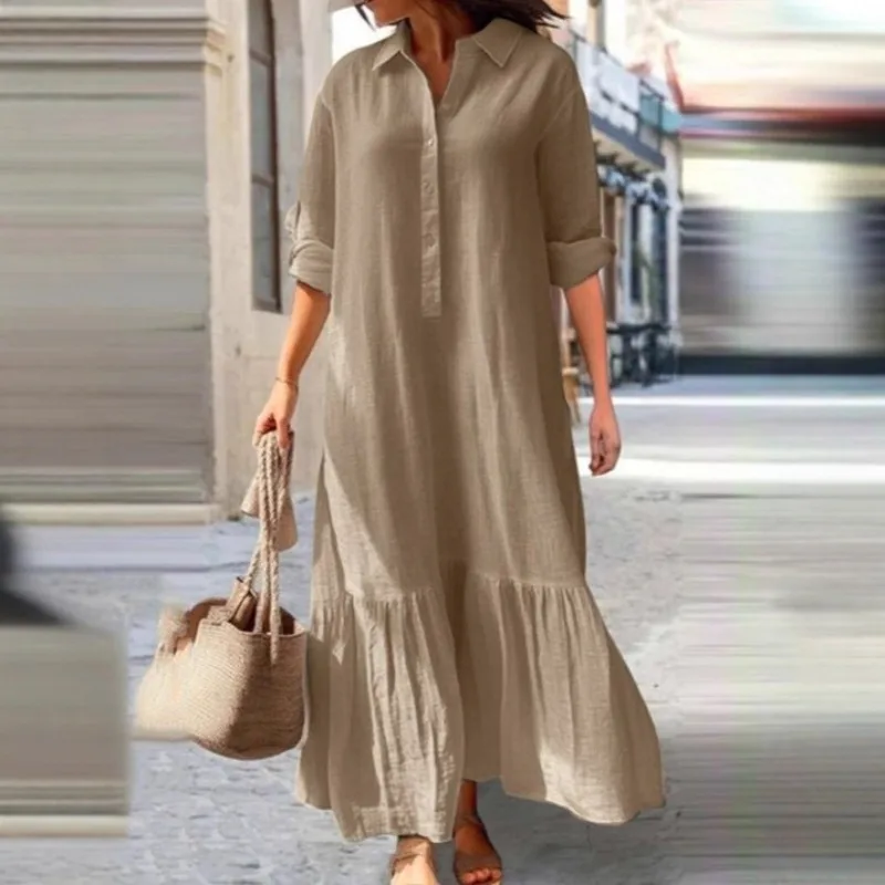 Vestido Casual Feminino de Man - Casual Loose Linen Shirt Dress avaliação e preço